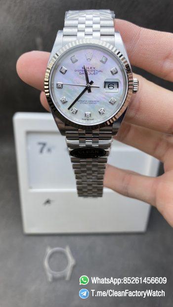 Clean Factory Rolex DateJust 36 126234 White Mother of Pearl Set Diamonds Dial 904L Steel on Jubilee Bracelet VR3235
