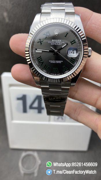 Clean Factory Watch Rolex DateJust Wimbledon 126334 41mm Gray Dial Green Roman Markers Oyster Bracelet DD3235