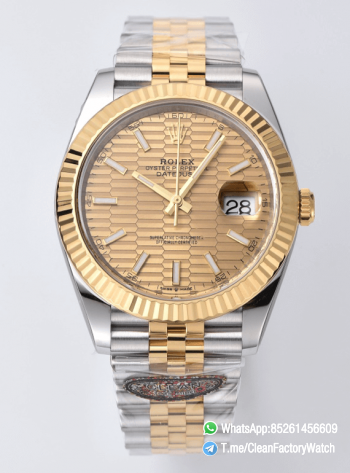 Clean Factory Datejust 126333 41mm Yellow Gold Fluted Textured Dial with Stick Markers Yellow Gold Bezel 3235 Movement Two Tone Jubilee Bracelet 00