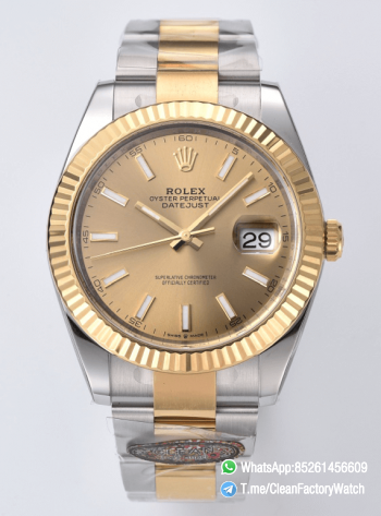 Clean Factory Datejust 41mm 126333 904L Steel Case Yellow Gold Dial with Stick Markers Yellow Gold Bezel 3235 Movement Two Tone Oyster Bracelet 00