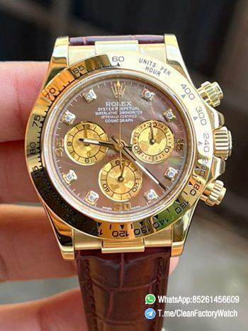 Clean Factory Daytona 116503 Black Mother of Pearl Dial Diamond Hour Markers Yellow Gold Bezel Alligator Strap DD4130 Caliber 00