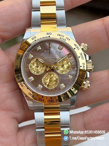 Clean Factory Daytona 116503 Black Mother of Pearl Dial Diamond Hour Markers Yellow Gold Bezel Two Tone Bracelet DD4130 Movement 00