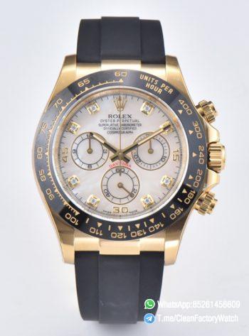 Clean Factory Daytona 116518LN Mother of Pearl Dial with Diamond Hour Markers Yellow Gold Case Oysterflex DD4130 Caliber 00