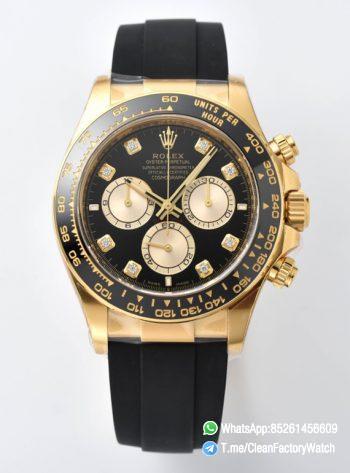Clean Factory Daytona M126518LN 0006 Yellow Gold Case Black Dial Diamond Hour Markers Gold Counter Rings Oysterflex Strap 4131 Movement 00