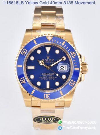 Clean Factory Submariner 116618LB 40mm Blue Dial Ceramic Bezel Full Yellow Gold Case 01