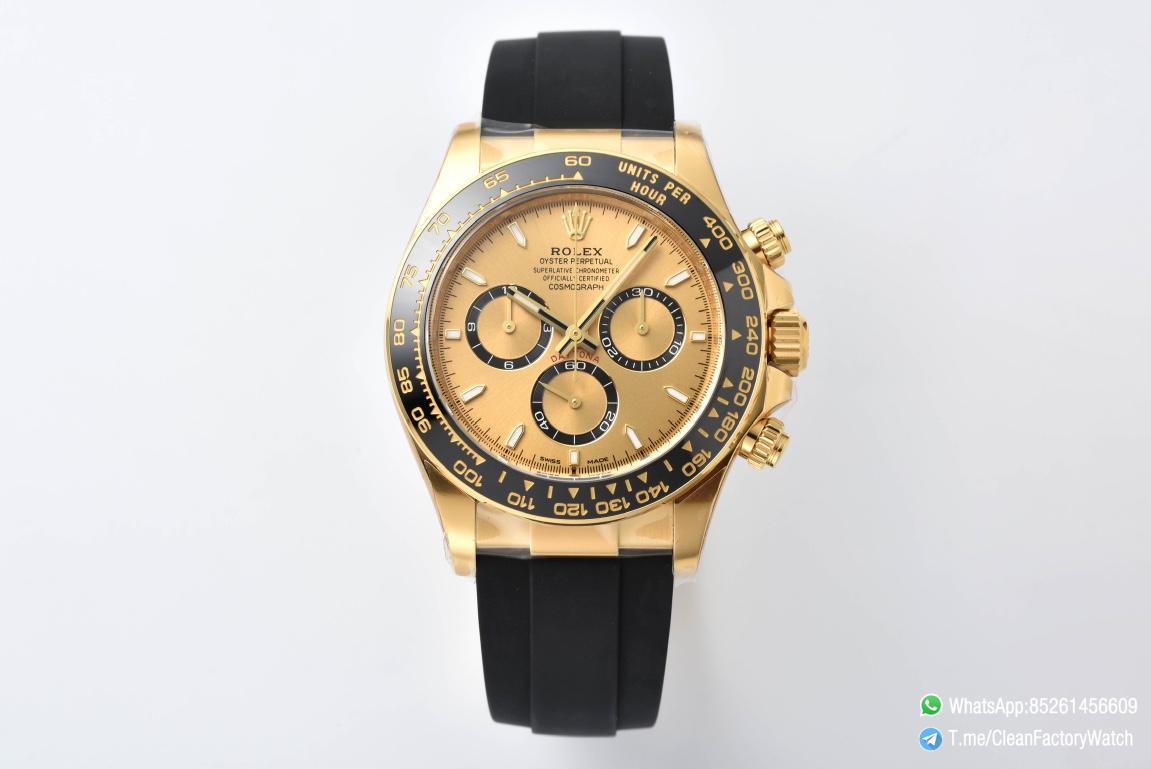 Clean Factory Watch Rolex Daytona 126518 Yellow Gold Case Golden Dial and Black Counter Rings Oysterflex Strap 4131 Movement 01