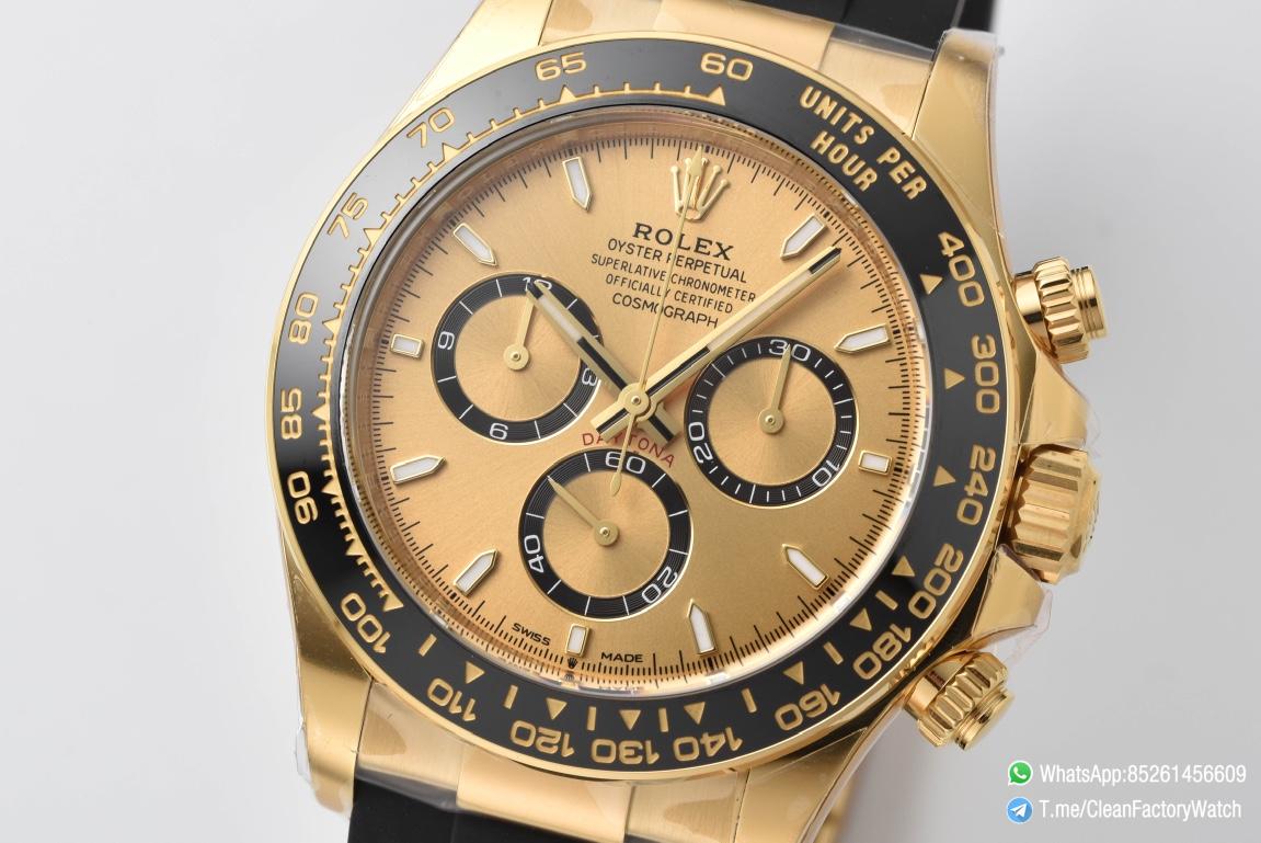 Clean Factory Watch Rolex Daytona 126518 Yellow Gold Case Golden Dial and Black Counter Rings Oysterflex Strap 4131 Movement 02