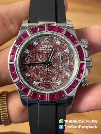 Premium Customized Daytona 116519 Red Garnet Dial and Bezel Diamonds Indexes Based on Clean Factory Daytona DD4130 Movement Oysterflex Strap 00