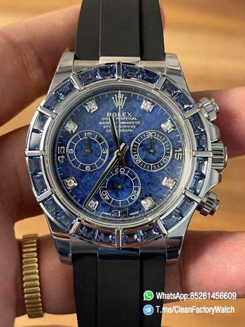 Premium Customized Rolex Daytona 116519 Sodalite Dial and Bezel Diamonds Indexes Based on Clean Factory Daytona DD4130 Movement Oysterflex Strap 00