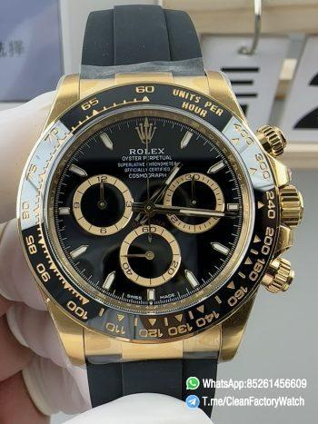 Clean Factory Watches Rolex Daytona 126518 Black Dial Luminos Hour Markers Yellow Gold Case Black Ceramic Bezel Oysterflex Strap 4131 Caliber 00