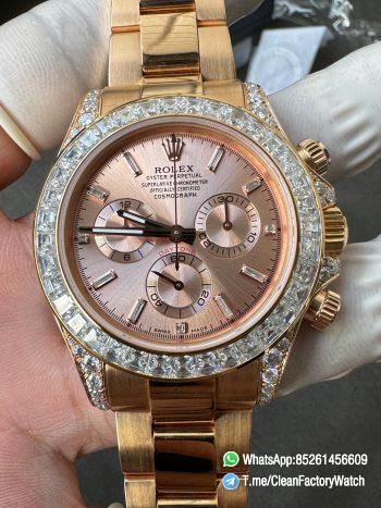Clean Factory Rolex Custom SuperClone ICE Out Daytona 126595TBR Rose Gold Case Set with Diamonds Pink Dial with Diamond Indexs 4131 Movement 02