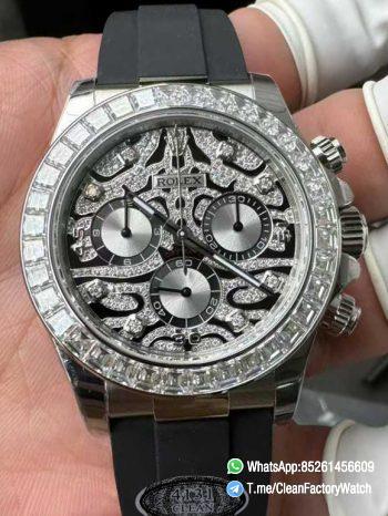 Clean Factory Daytona Eye of the Tiger 116589TBR Wrapped Platinum 40mm Black Diamond Motif Dial Baguette Bezel Oysterflex Strap DD4131 Movement 000